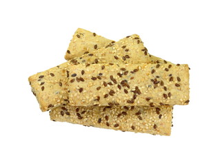 Breadsticks or grissini with sesame and linseed isolated on white background. Salt cracker isolated.