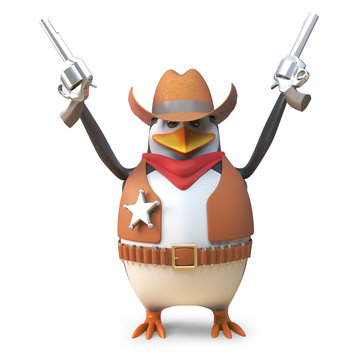 Sheriff penguin the brave western cowboy firing both his pistols in the air, 3d illustration