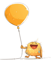 Happy little monster is holding a balloon and laughing.