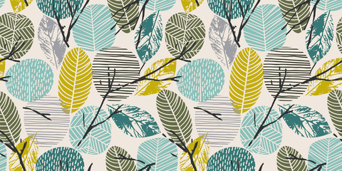 Abstract autumn seamless pattern with trees. Vector background for various surface. - obrazy, fototapety, plakaty