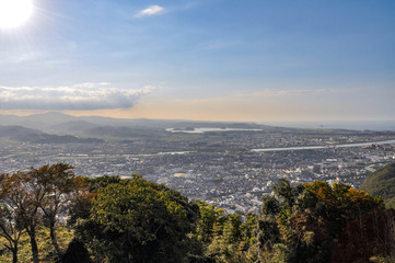View for Tottori city from Tottori castle in Japan. cityscape, stream, lake and sea.