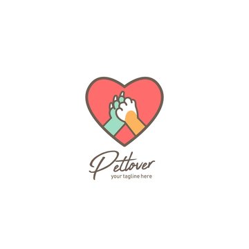 Pet Lover Logo, Pet Shop Or Shelter Logo With Dog And Cat Paw Hi Five Inside Love Amour Icon