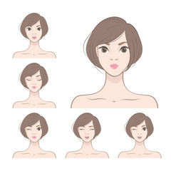 Pretty Girl with different facial expressions. Set of woman's emotions.  Vector illustration of cartoon style