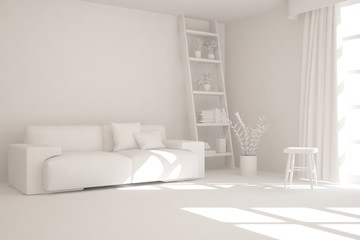 Mock up of stylish room in white color with sofa. Scandinavian interior design. 3D illustration