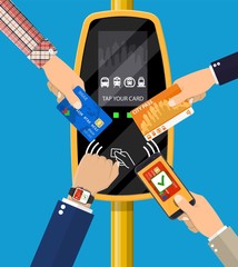 Hands with transport card, smartphone, smartwatch and bank card near terminal. ticket validator. Wireless contactless cashless payments, rfid nfc. FVector illustration in flat style
