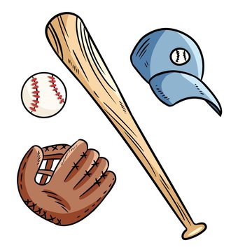 Baseball, baseball bat, hat and catchig glove doodles. Hand drawn image set