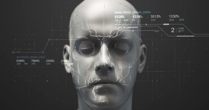 Futuristic Bionic Robot Face Moving Forward Slowly With HUD Data - Technology Related 3D 4K Animation Concept