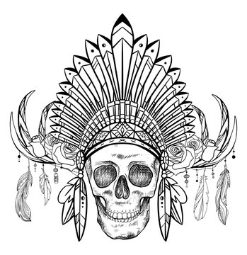 Black and white drawing of a human skull in a Native American hat with deer horns and roses. Front view. Tribal vector images for tattoos, printing on T-shirts, cups, coloring and your creativity