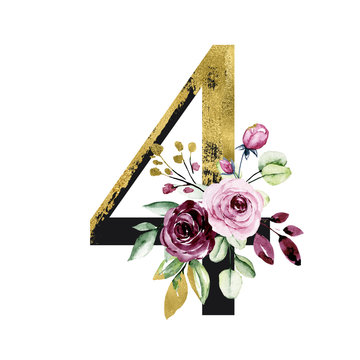 Number 4 gold black with watercolor flowers roses and leaf. Perfectly for wedding invitation, greeting card, logo, poster and other floral design. Hand painting. Isolated on white background. 