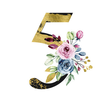 Number 5 gold black with watercolor flowers roses and leaf. Perfectly for wedding invitation, greeting card, logo, poster and other floral design. Hand painting. Isolated on white background. 
