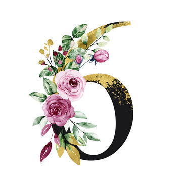 Number 6 gold black with watercolor flowers roses and leaf. Perfectly for wedding invitation, greeting card, logo, poster and other floral design. Hand painting. Isolated on white background. 