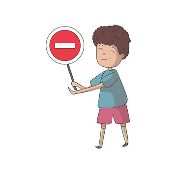 Boy holding a traffic sign is prohibited. Vector illustration isolated on white background.
