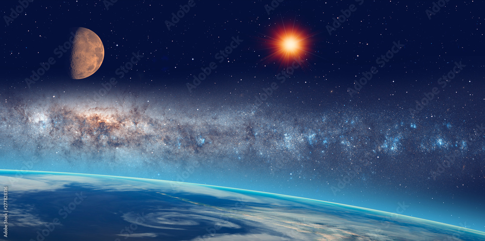 Poster View of Earth from outer space with millions of stars around it and sun