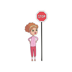 Girl stands behind the sign Stop. Vector illustration on white background.