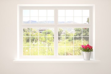 Stylish empty room in white color with summer landscape in window. Scandinavian interior design. 3D illustration