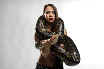 Beautiful gymnastics woman with python in studio