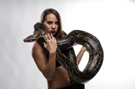 Sexy woman and tiger python in the studio