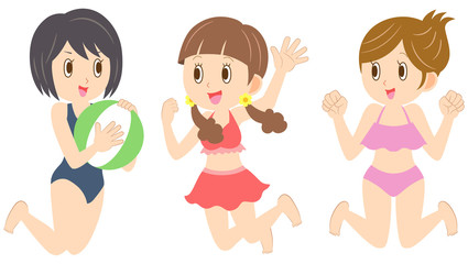 水着の若い女性　ジャンプ　友達