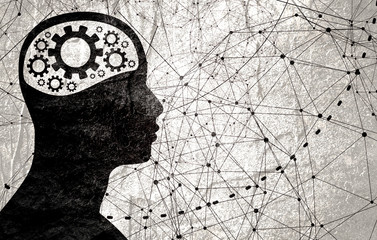 Silhouette of a man head with gear. Mental health relative brochure, report or flyer design template. Scientific medical designs. Connected lines with dots.