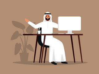 Young Arab man sitting at the table using the computer. Happy Muslim employee wearing white clothes working at home or office. Color vector illustration in flat cartoon style.