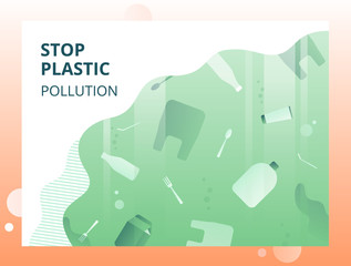 Stop plastic pollution green eco concept with floating under water garbage. Contamination of the seas and oceans by synthetic materials. Vector illustration