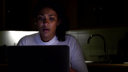 Unhappy Woman At Home With Computer Being Bullied Online On Social Media    