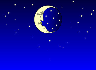 Fantastic starry sky for background and the moon with the face of an old man. Retro and folk style. Flat design