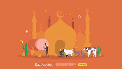 islamic design illustration concept for Happy eid al adha or sacrifice celebration event with people character for web landing page, banner, presentation, poster, ad, promotion or print media