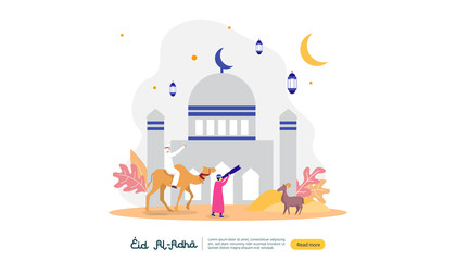 islamic design illustration concept for Happy eid al adha or sacrifice celebration event with people character for web landing page, banner, presentation, poster, ad, promotion or print media