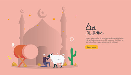 islamic design illustration concept for Happy eid al adha or sacrifice celebration event with people character for web landing page, banner, presentation, poster, ad, promotion or print media
