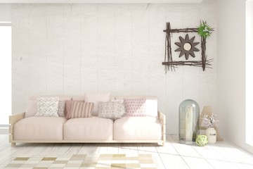 Stylish room in white color with sofa. Scandinavian interior design. 3D illustration
