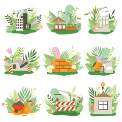 Construction Process Set, Houses under Construction, Building Equipment in Spring or Summer Season with Blooming Flowers and Leaves Vector Illustration