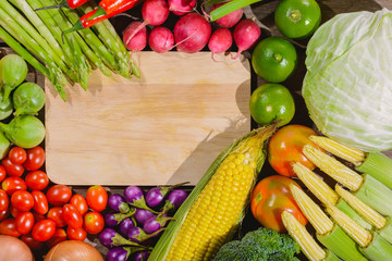 Backgroud of fresh food tasty and healthy varis vegetables are on the wooden table