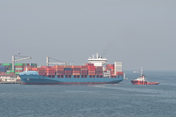 Big cargo ship at the port in Izmir in Turkey.