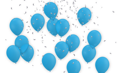 Viele blaue fliegende Luftballons mit Konfetti Regen