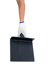 asian woman worker with protective gloves hand holding handle plate for mixing cement isolated on white