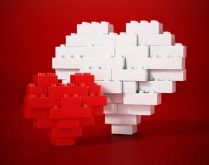 Fototapeta premium Red and white building blocks forming big and small heart shapes. 3D illustration