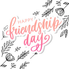 Vector illustration of hand drawn happy friendship day felicitation in fashion style with lettering text sign and color triangle for grunge effect isolated on white background