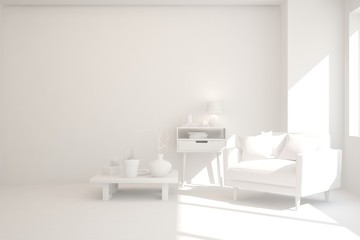 Mock up of stylish room in white color with armchair. Scandinavian interior design. 3D illustration