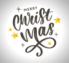 Merry Christmas Calligraphic Inscription Decorated with Golden Stars and Beads