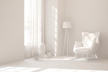 Mock up of stylish room in white color with armchair. Scandinavian interior design. 3D illustration