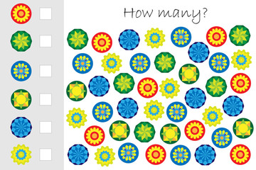 How many counting game with colorful mandalas for kids, educational maths task for the development of logical thinking, preschool worksheet activity, count and write the result, vector illustration