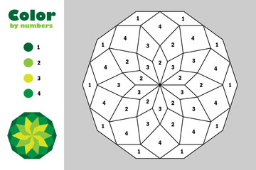 Green mandala in cartoon style, color by number, education paper game for the development of children, coloring page, kids preschool activity, printable worksheet, vector illustration