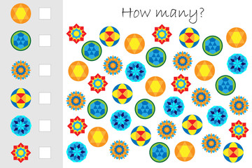How many counting game with mandalas for kids, educational maths task for the development of logical thinking, preschool worksheet activity, count and write the result, vector illustration