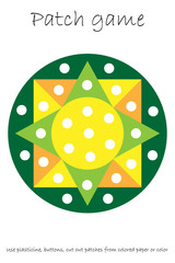 Education Patch game mandala for children to develop motor skills, use plasticine patches, buttons, colored paper or color the page, kids preschool activity, printable worksheet, vector illustration