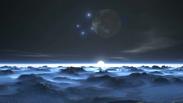 Moon and Stars over Alien Planet. In the dark starry sky, the planet slowly rotates and approaches. Four stars shine brightly. Slowly float rare low clouds. Bright white sun set in a foggy horizon