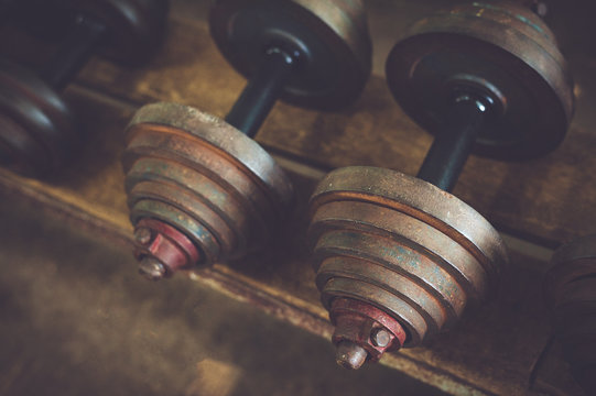 Old Dumbbell in Gym  with process Retro color style