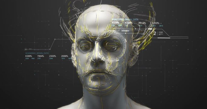 Abstract Robot Head With Cables And HUD Around His Head Slowly Rotating - Technology Related 3D 4K Animation Concept