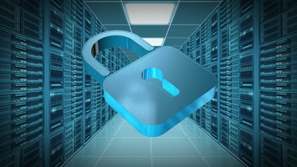 Information protection and cyber security - Closed Padlock on server room background - 3D rendering
