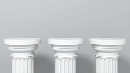 Fotobehang Exhibition stand, podium in the form of  classic Greek Doric pillars.  Minimalistic light background with copy space. 3d render illustration for advertising goods, products, museum expansions. © Jools_art